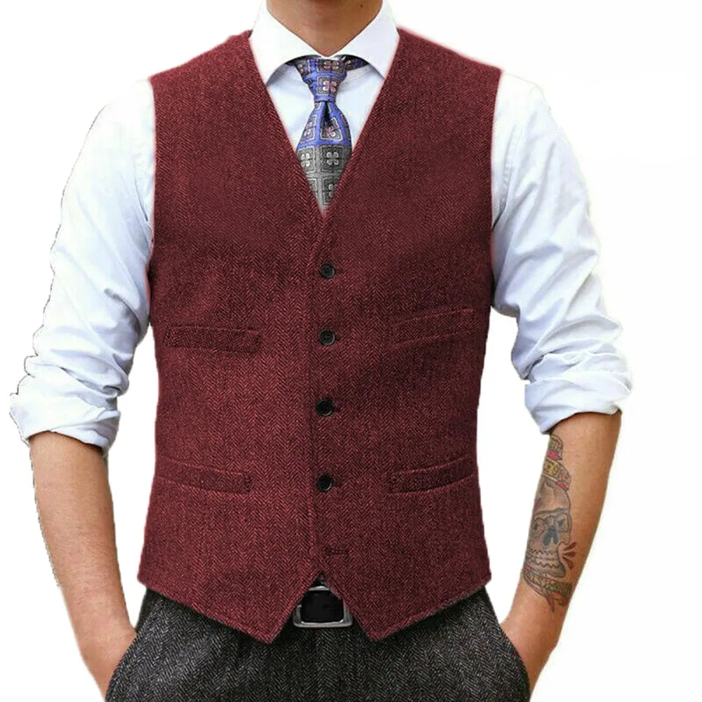 Fashion Men's Suit Vest Herringbone V Neck Waistcoat