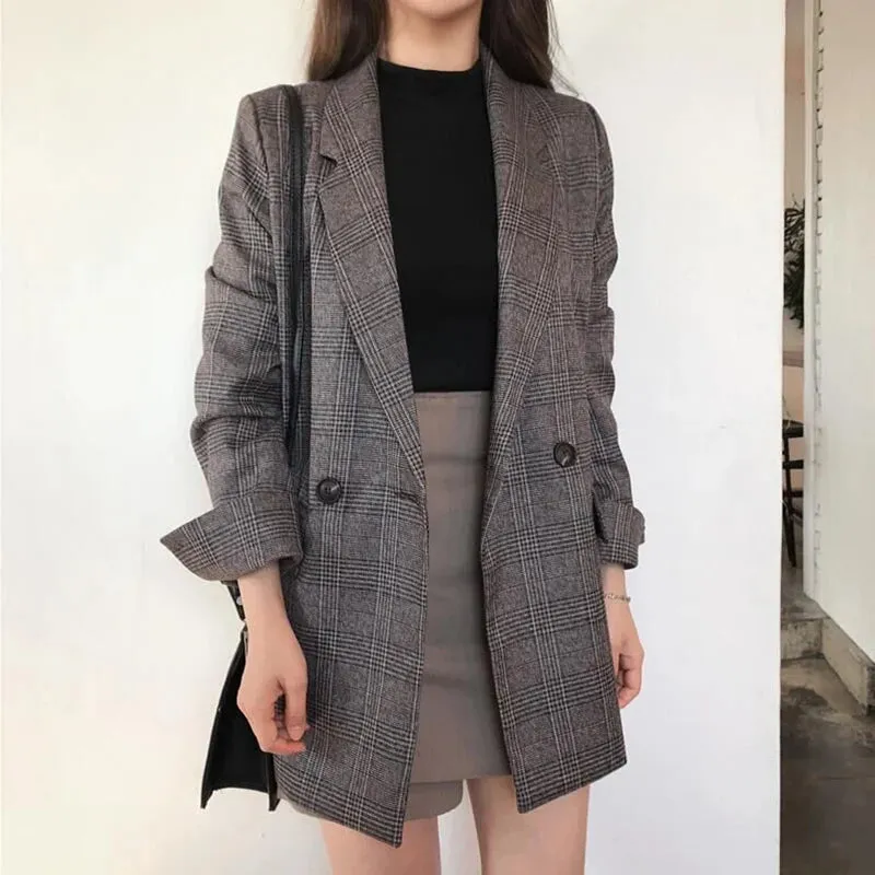 Fashionkova Christmas Gift Outfit  Women Winter Plaid Blazers Coats Korean Fashion Elegant Solid Thick Jacket Female Double Breasted Office Lady Long Overcoat