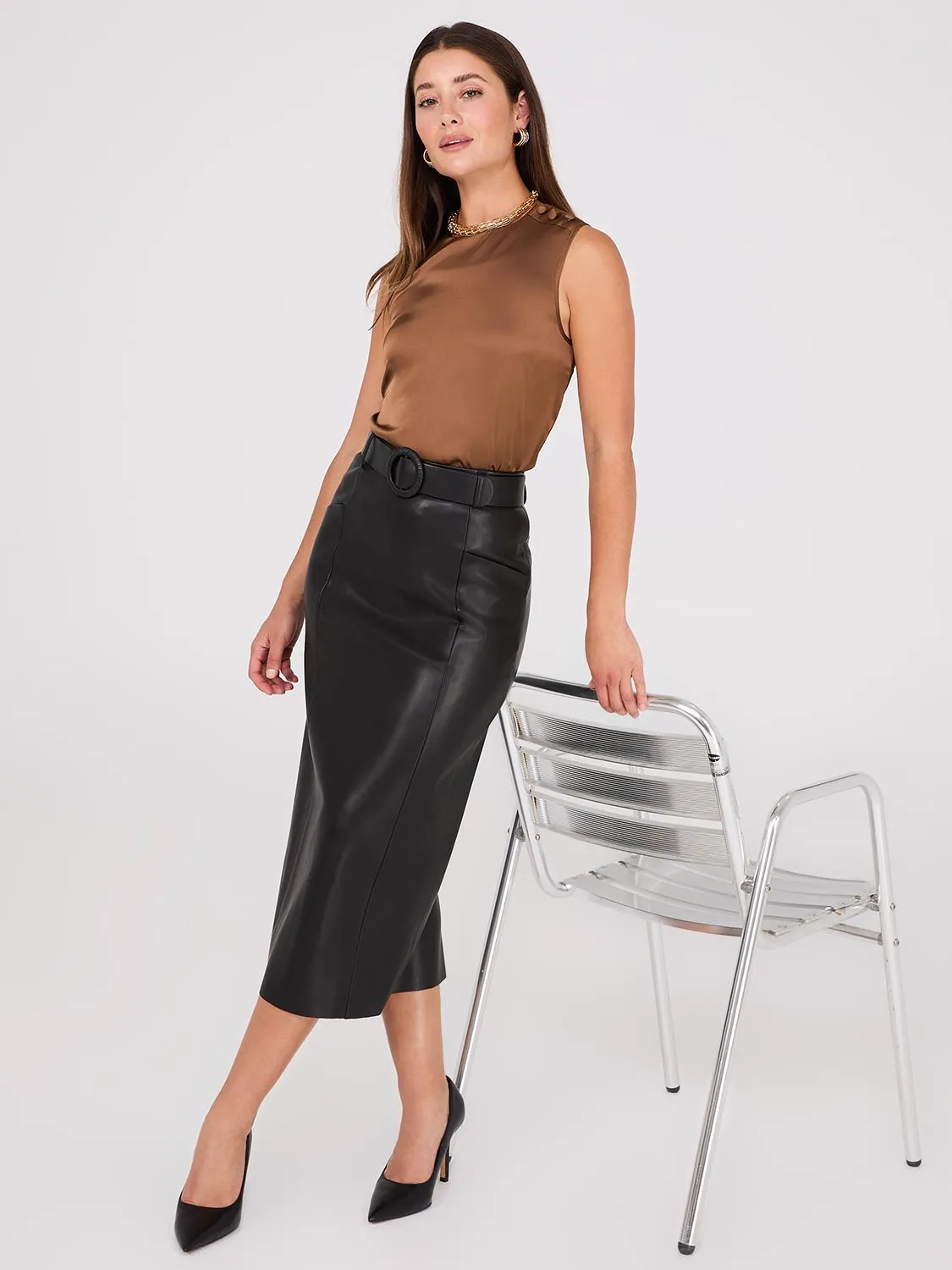 Faux Leather Belted Pencil Skirt