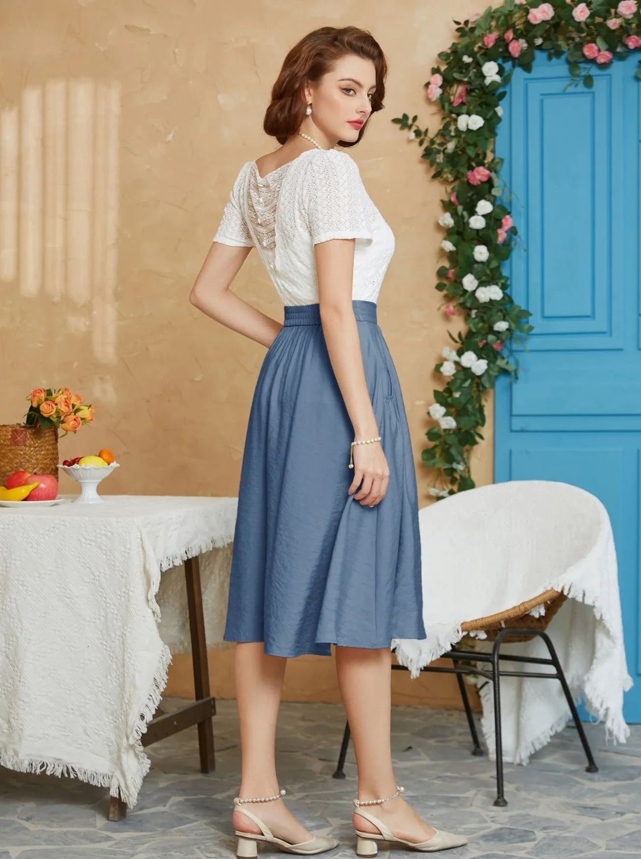 Faux Linen Skirt with Pockets Vintage Swing Skirt Elastic Waist Flared A Line Skirts