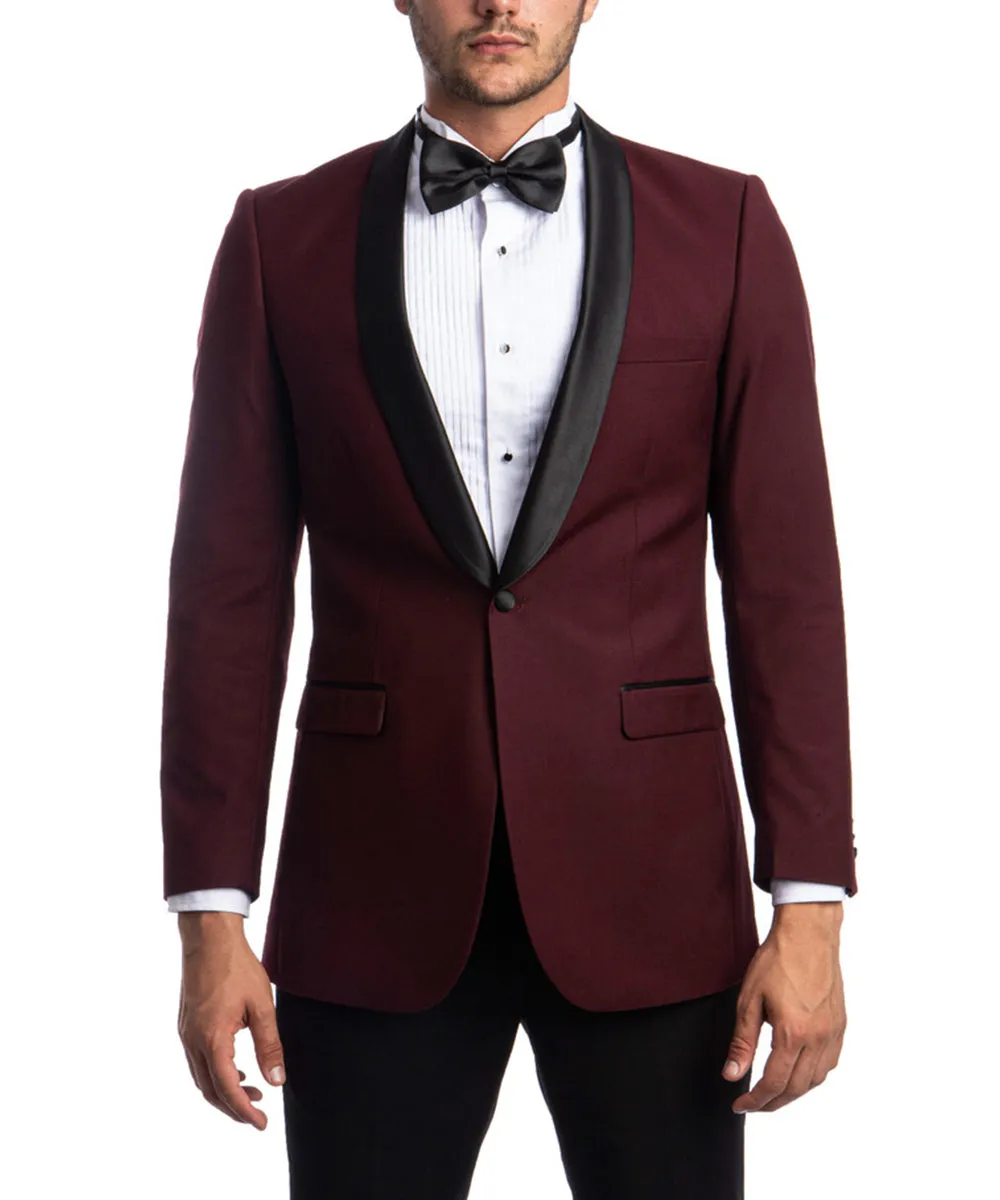 Festive Burgundy Tuxedo Jacket wit Shawl Lapel