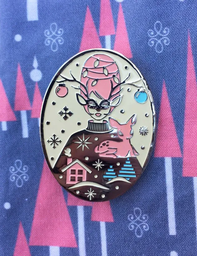 Festive Pastel Vintage Deer Girl Enamel Pin