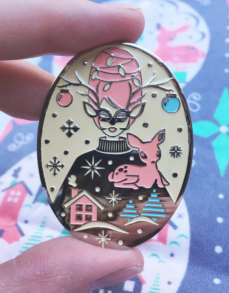 Festive Pastel Vintage Deer Girl Enamel Pin