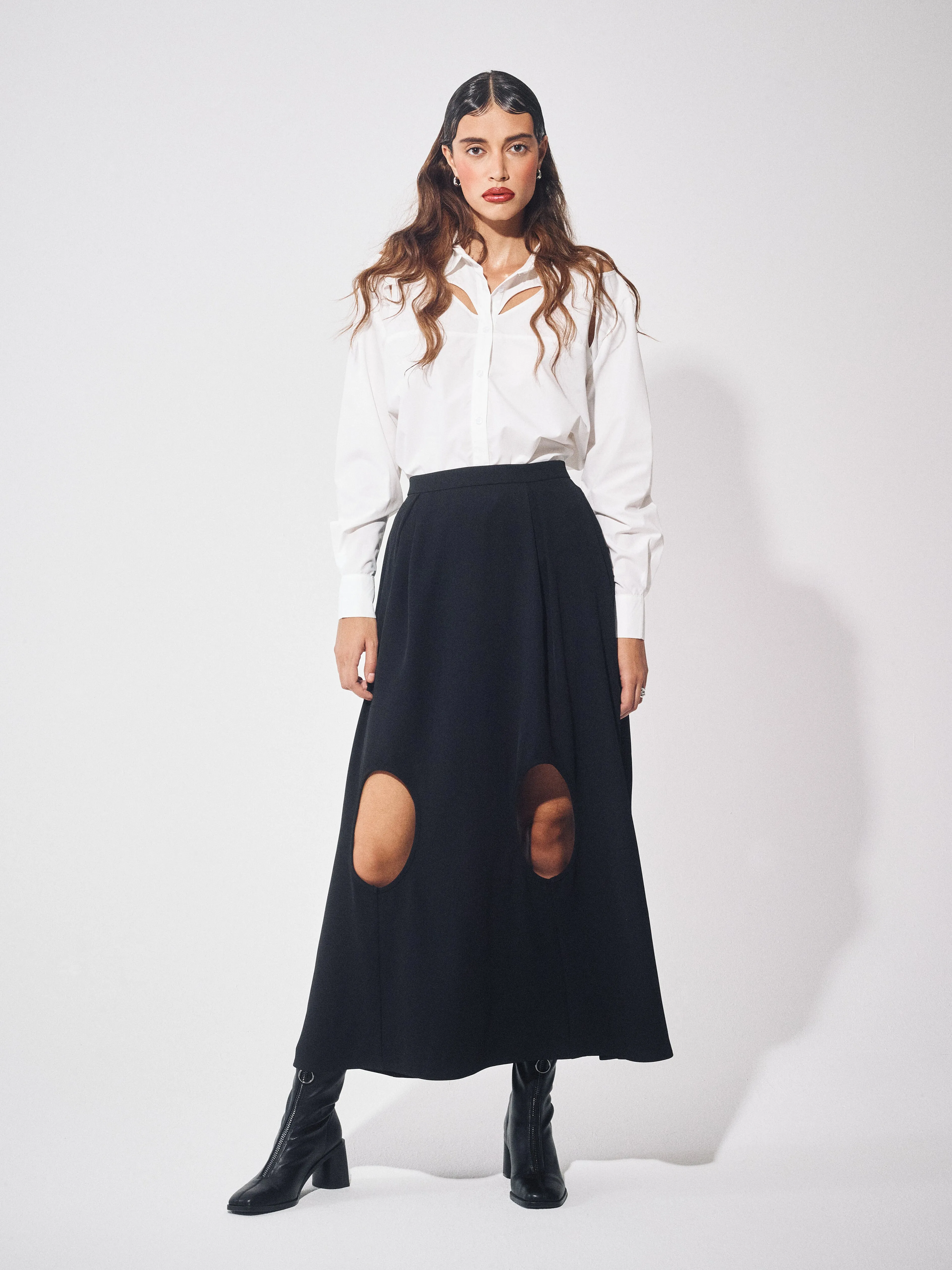 Flare Cut-Out Midaxi Skirt in Black