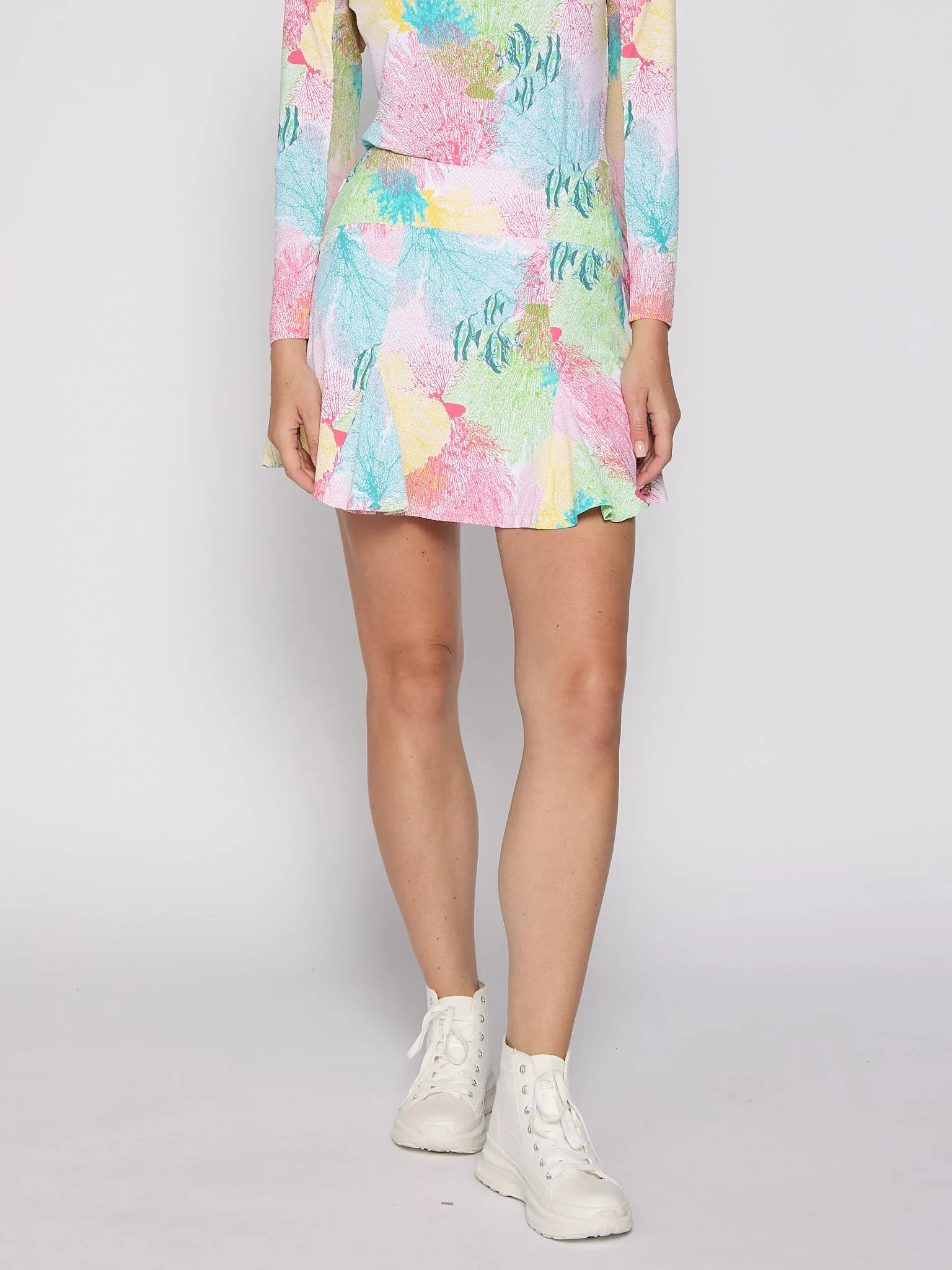 Flare Godet Skort In Multi Coral