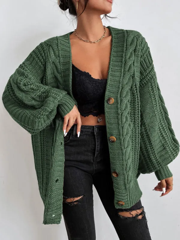 Flytonn-Fall Outfits Women Outwear Streetwear -women fall outfits high street ins style  fall outfits women V-neck Sweater Women's Retro Style Fashion Loose Twist Lantern Sleeve Cardigan Knitted Coat