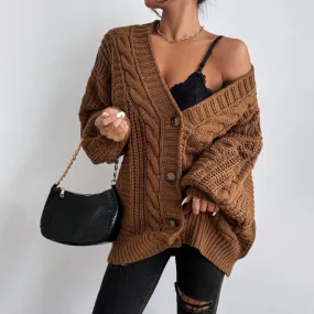 Flytonn-Fall Outfits Women Outwear Streetwear -women fall outfits high street ins style  fall outfits women V-neck Sweater Women's Retro Style Fashion Loose Twist Lantern Sleeve Cardigan Knitted Coat