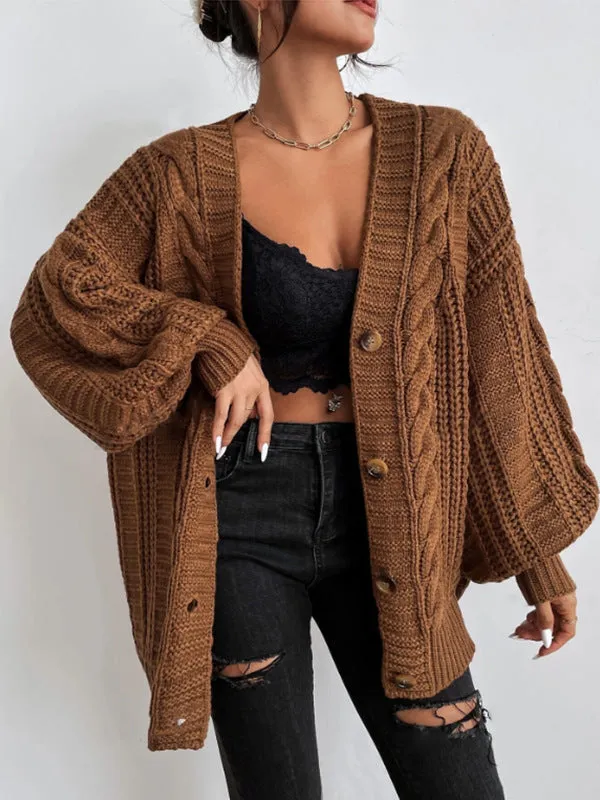 Flytonn-Fall Outfits Women Outwear Streetwear -women fall outfits high street ins style  fall outfits women V-neck Sweater Women's Retro Style Fashion Loose Twist Lantern Sleeve Cardigan Knitted Coat