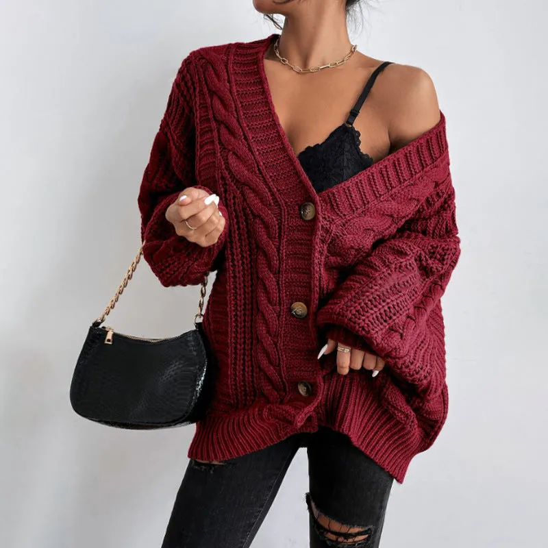 Flytonn-Fall Outfits Women Outwear Streetwear -women fall outfits high street ins style  fall outfits women V-neck Sweater Women's Retro Style Fashion Loose Twist Lantern Sleeve Cardigan Knitted Coat