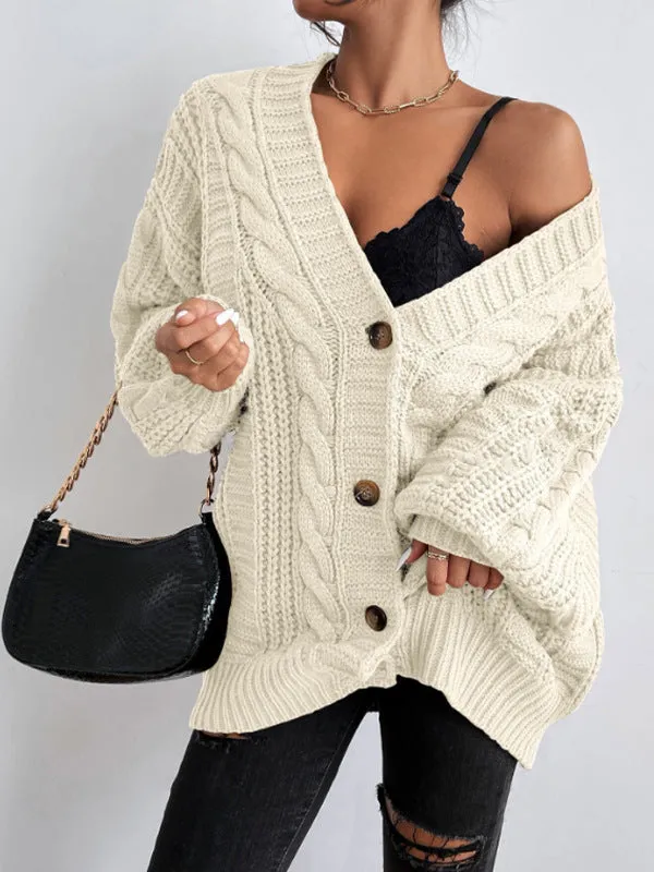 Flytonn-Fall Outfits Women Outwear Streetwear -women fall outfits high street ins style  fall outfits women V-neck Sweater Women's Retro Style Fashion Loose Twist Lantern Sleeve Cardigan Knitted Coat