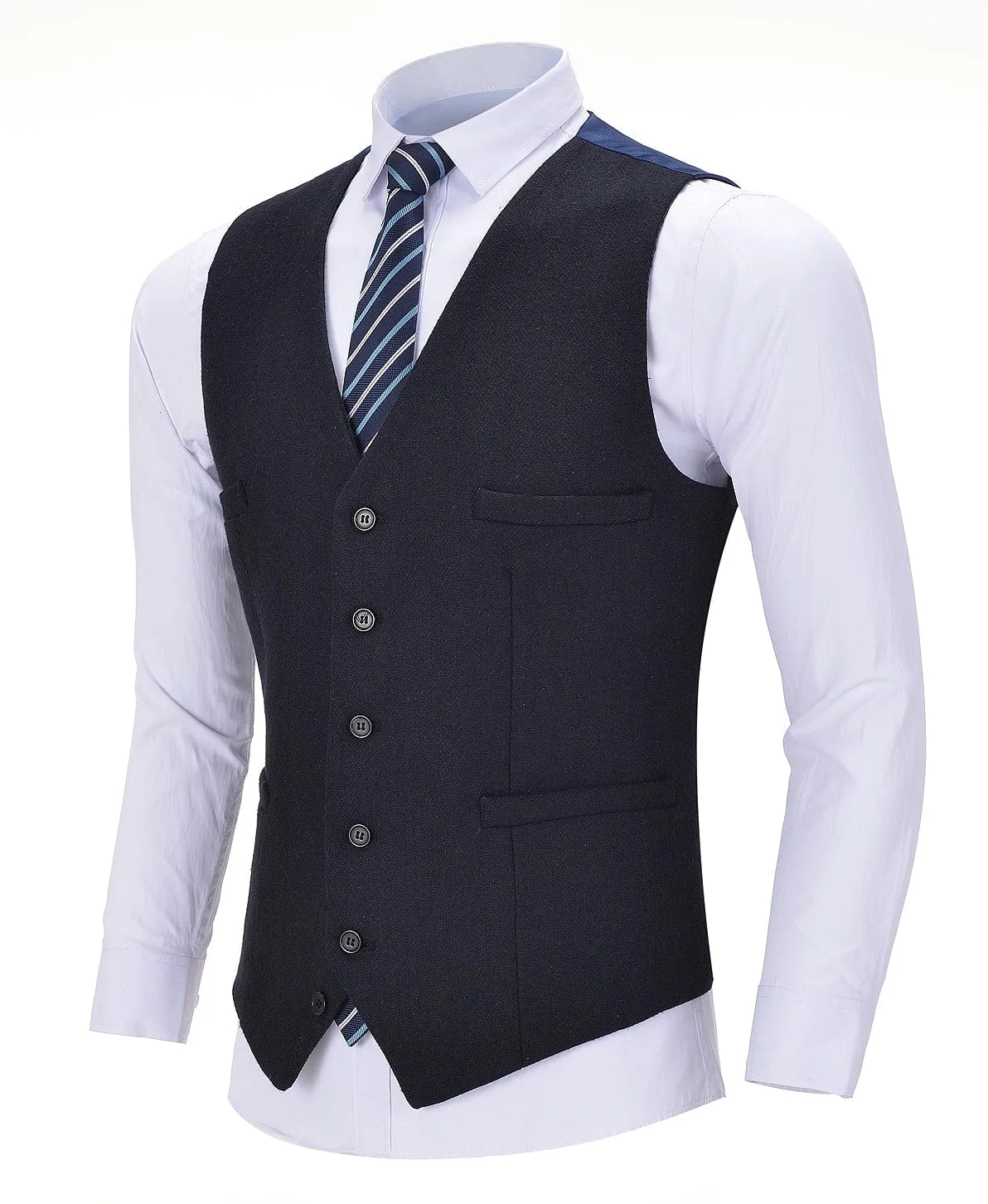 Formal Black Herringbone  V Neck Waistcoat