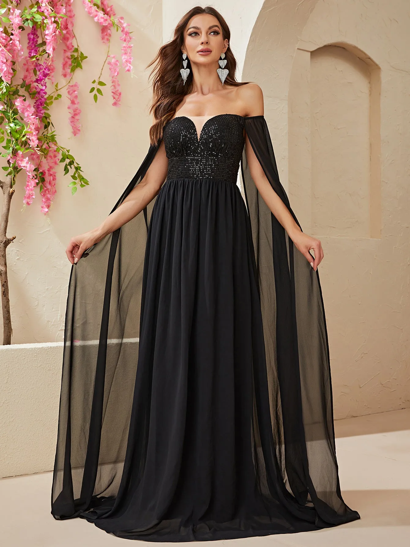 Fulgent Starlight Chiffon Black Maxi Party Dress