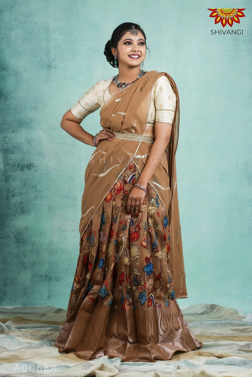 Girls Brown Kalamkari Fish Half Saree | Langa davani