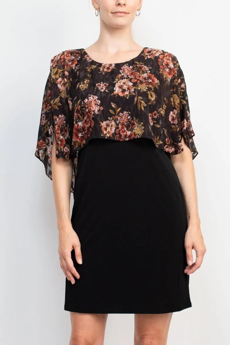 Glamour Nights Scoop Neck Floral Print Cape Short Sleeve ITY Dress