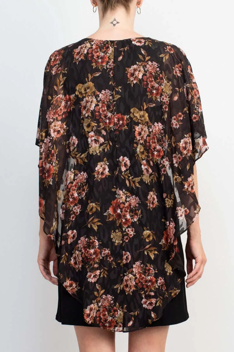 Glamour Nights Scoop Neck Floral Print Cape Short Sleeve ITY Dress