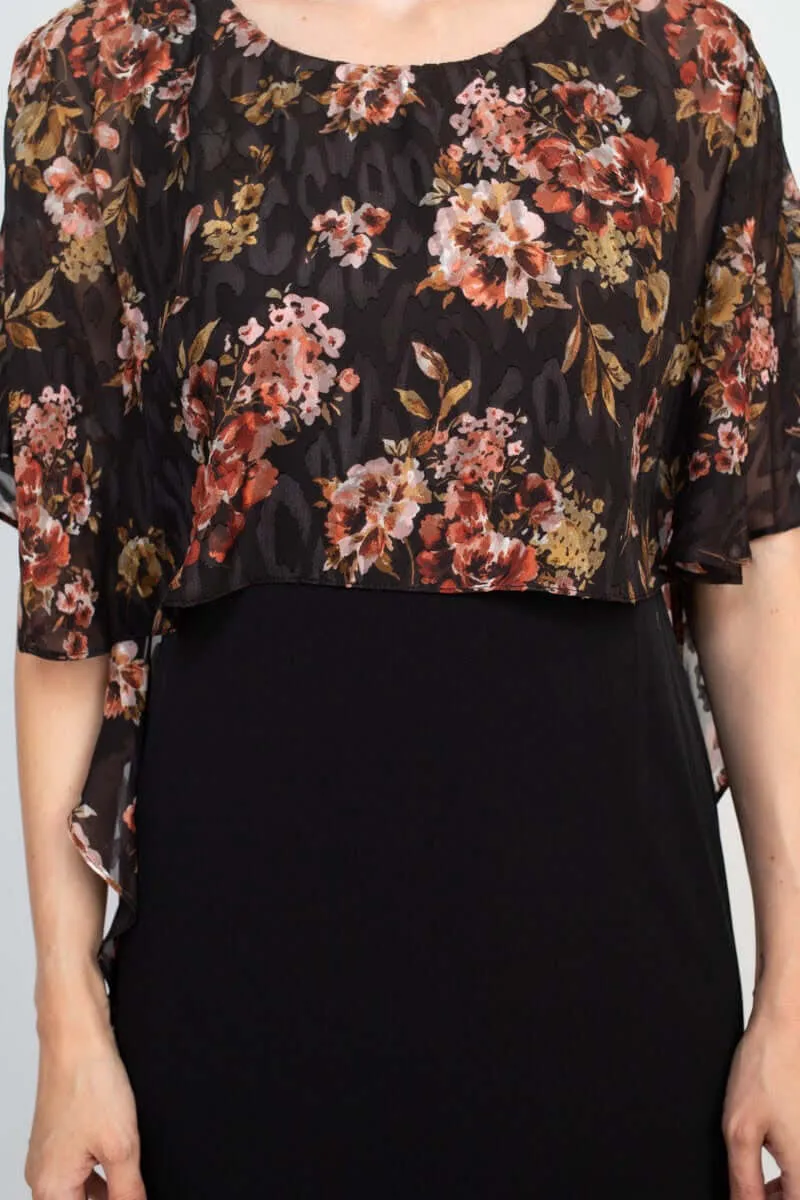 Glamour Nights Scoop Neck Floral Print Cape Short Sleeve ITY Dress