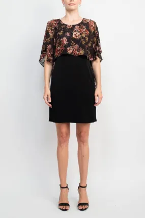 Glamour Nights Scoop Neck Floral Print Cape Short Sleeve ITY Dress