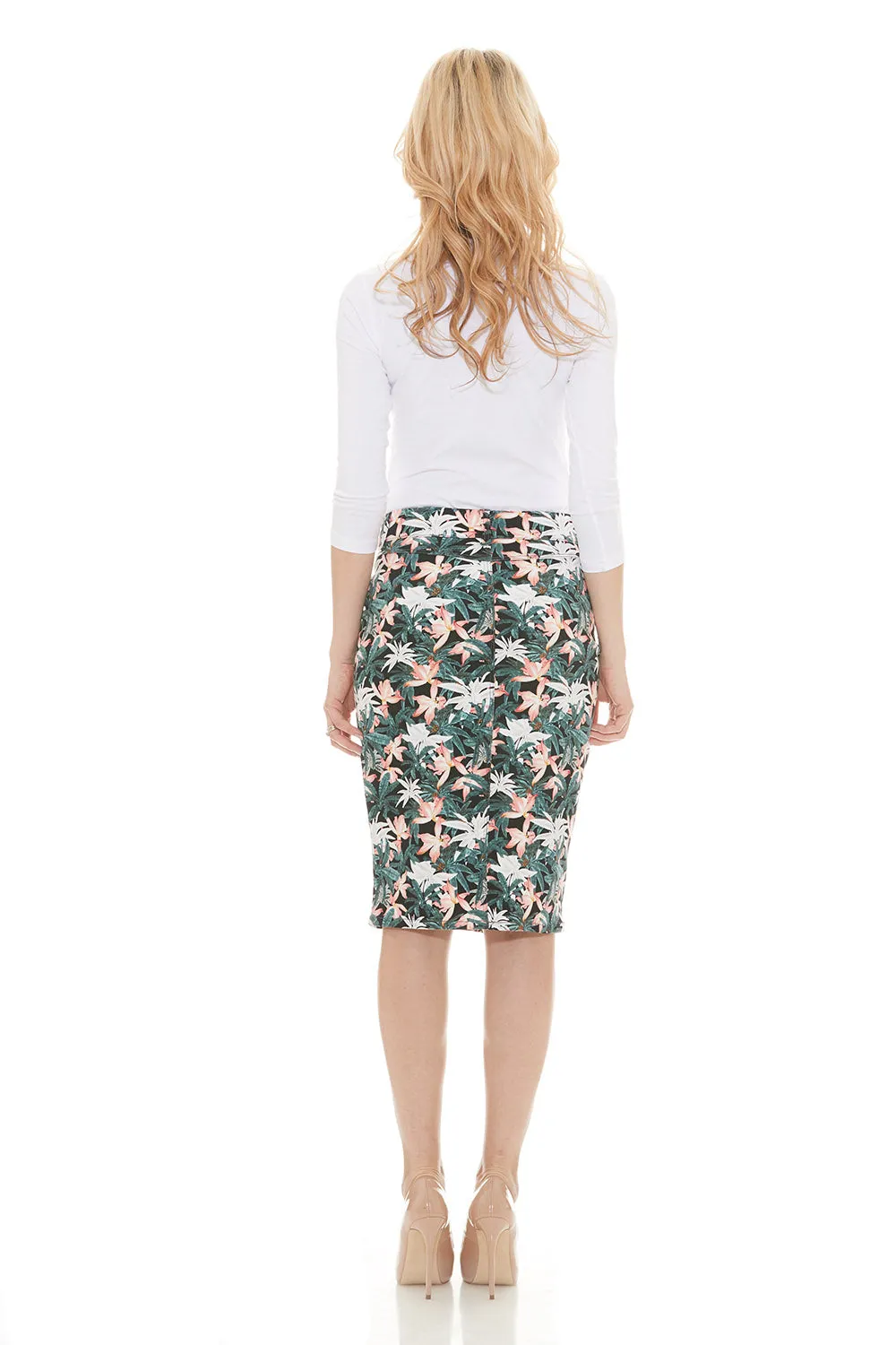 Green floral below knee length denim jean skirt 'Brooklyn'