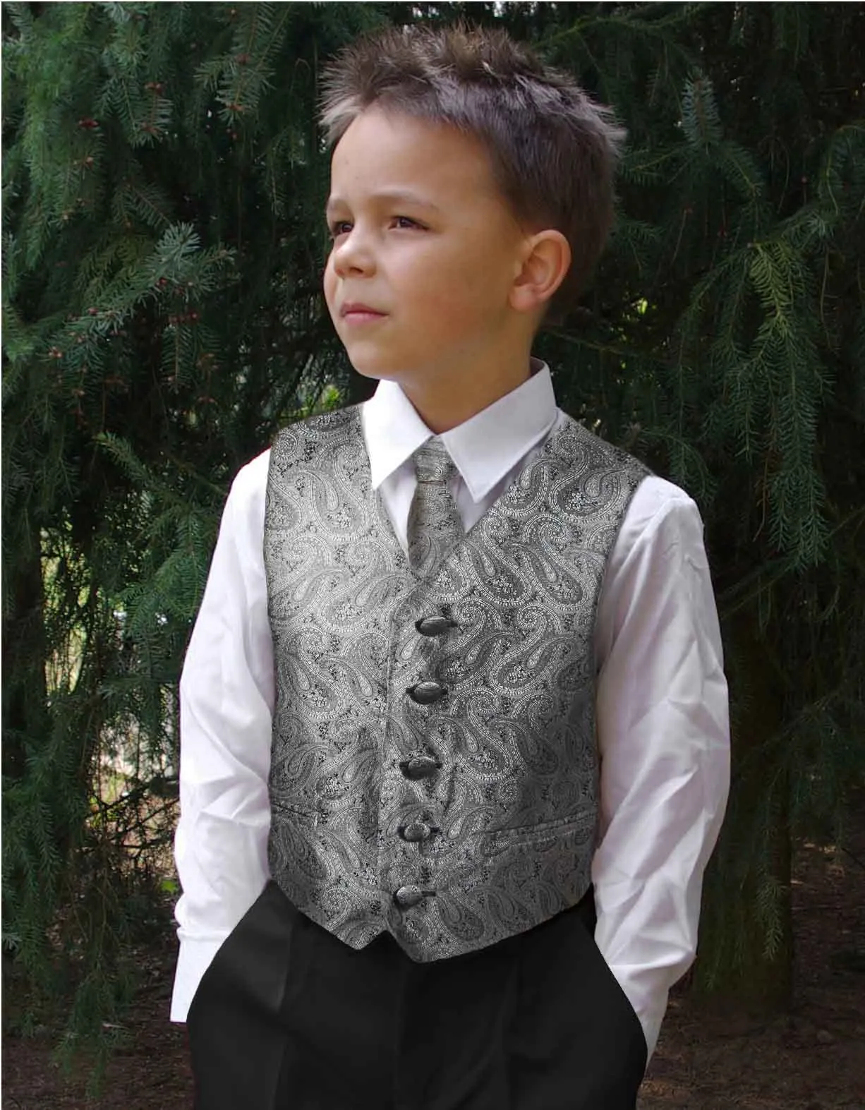 Grey Paisley Boys Tuxedo Vest Set