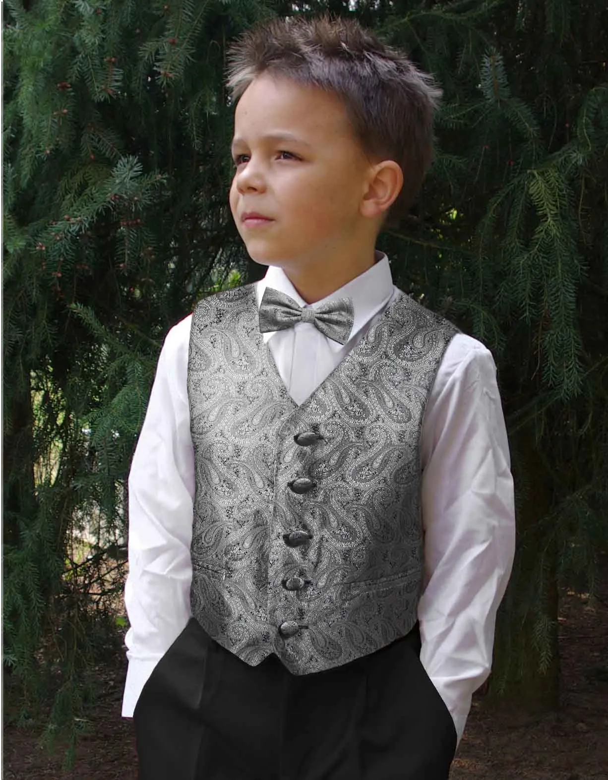 Grey Paisley Boys Tuxedo Vest Set