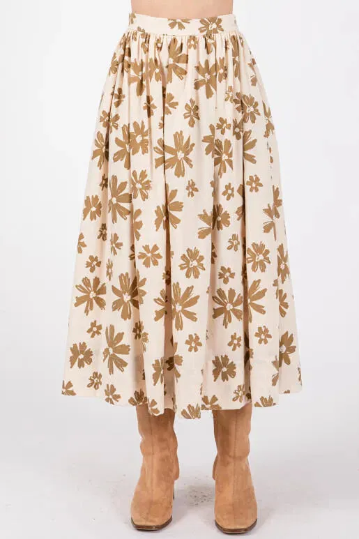 Groovy Petals Midi Floral Skirt in Baby Pink/Olive