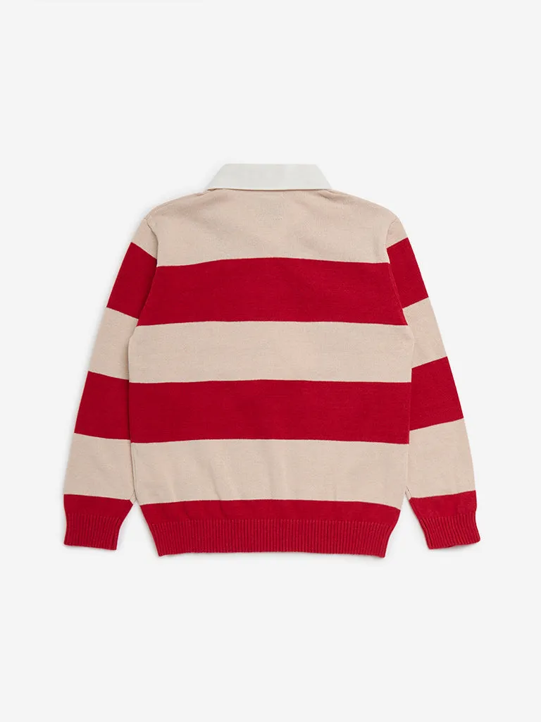 HOP Kids Red Striped Knitted Collared Cotton Sweater