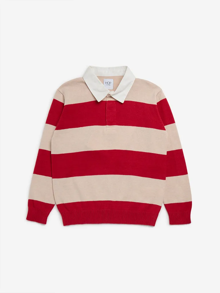 HOP Kids Red Striped Knitted Collared Cotton Sweater