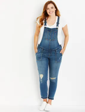 Indigo Blue Side Panel Letdown Hem Maternity Overalls in Medium Wash