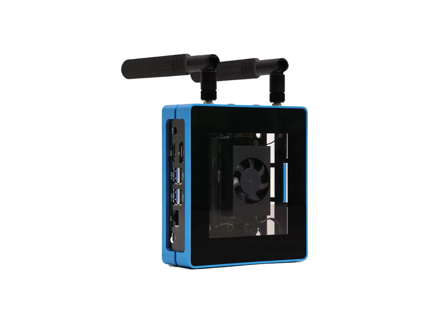 Jetson SUB Mini PC V2 - Blue with Jetson Xavier NX module, Aluminum case with cooling fan, 128GB SSD, WiFi, Antennas and pre-installed JetPack System