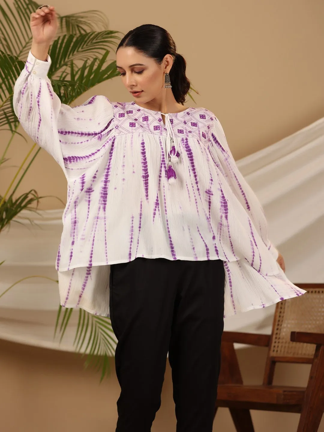 Juniper Lavender Mirror Embroidered Rayon Crepe Tie-Dye Tunic With Tassels