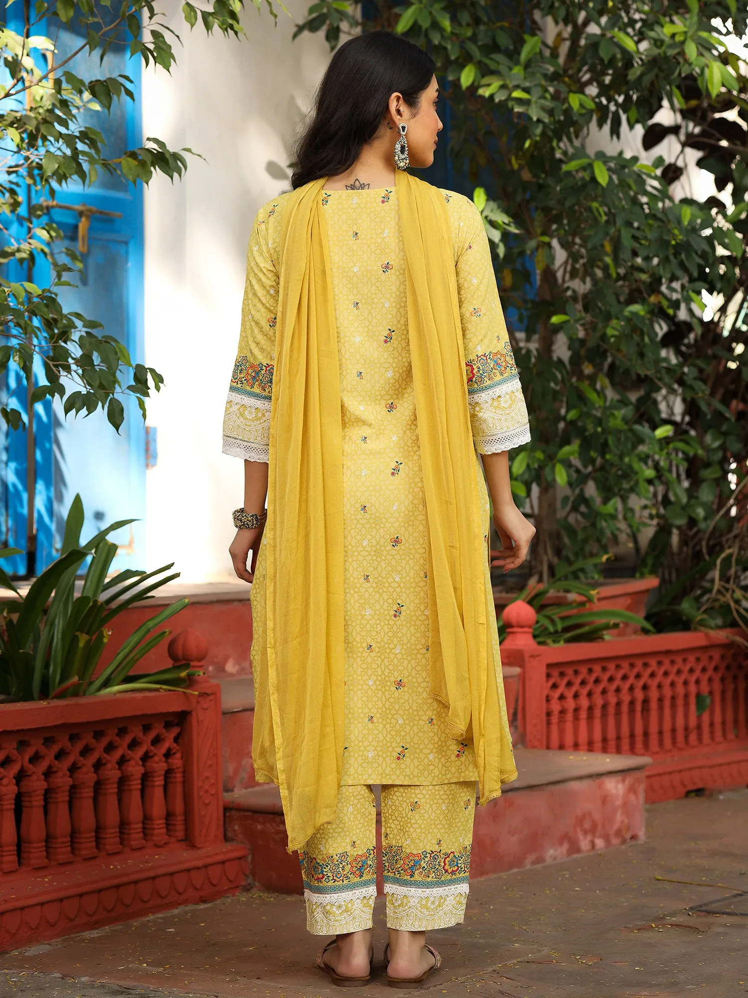 Juniper Mustard Floral printed Pure Cotton Kurta Pants & Dupatta With Lace Work