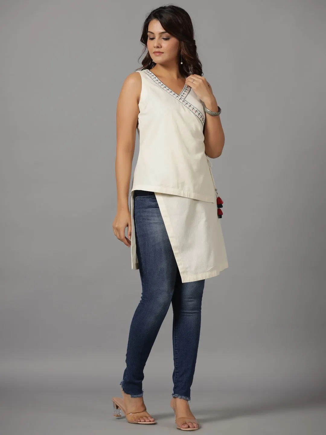 Juniper Off-White Solid With Embroidered Angrakha Cotton Flex Asymmetric Fusion Tunic With Side Tie-Ups