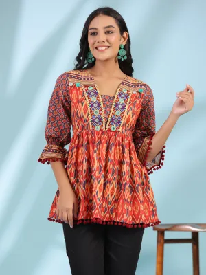 Juniper Orange Ikat Printed Peplum Cotton Tunic With Mirror Work & Lace