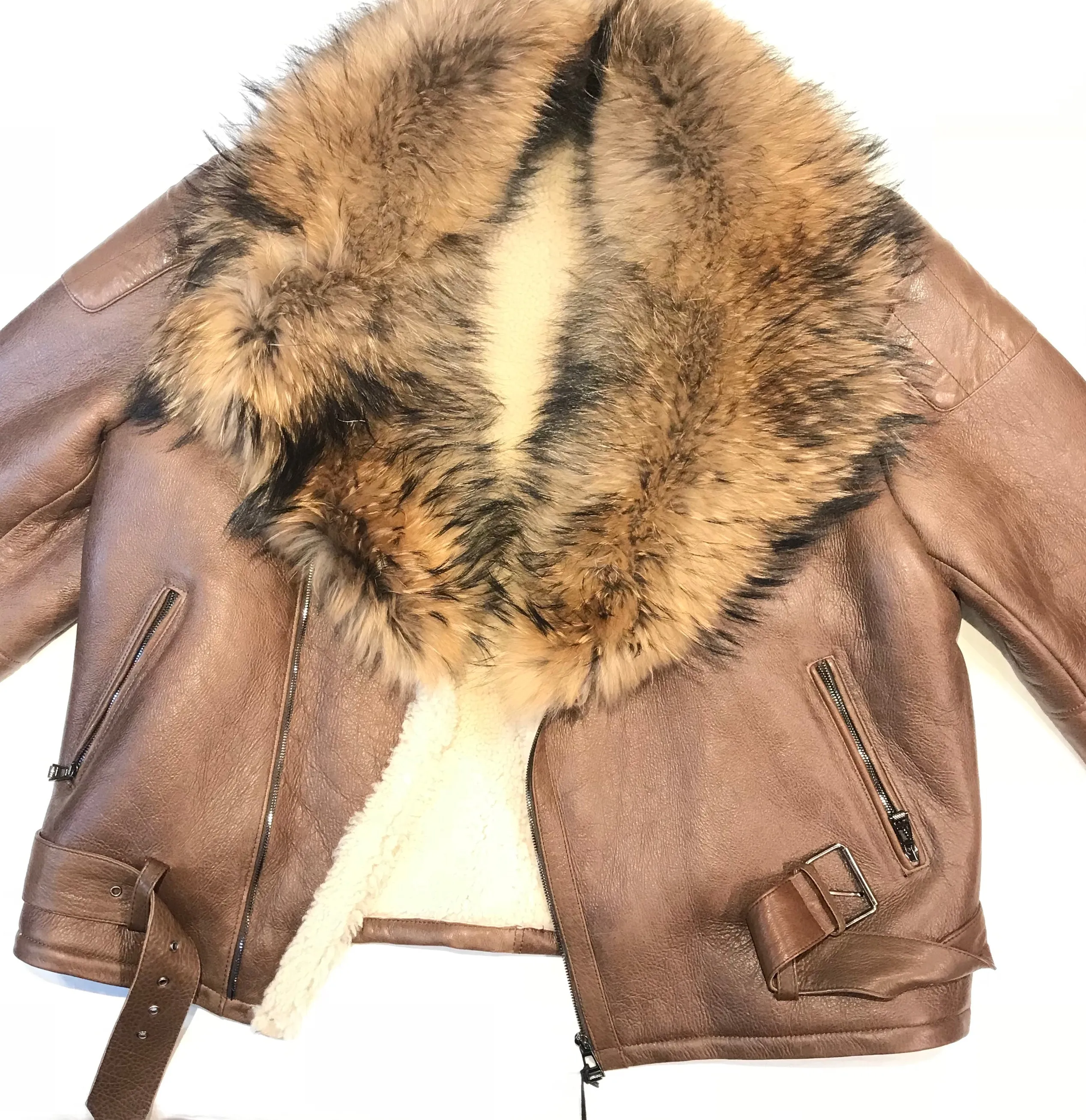 Kashani Chocolate Oversized Fox Collar Shearling Biker Jacket