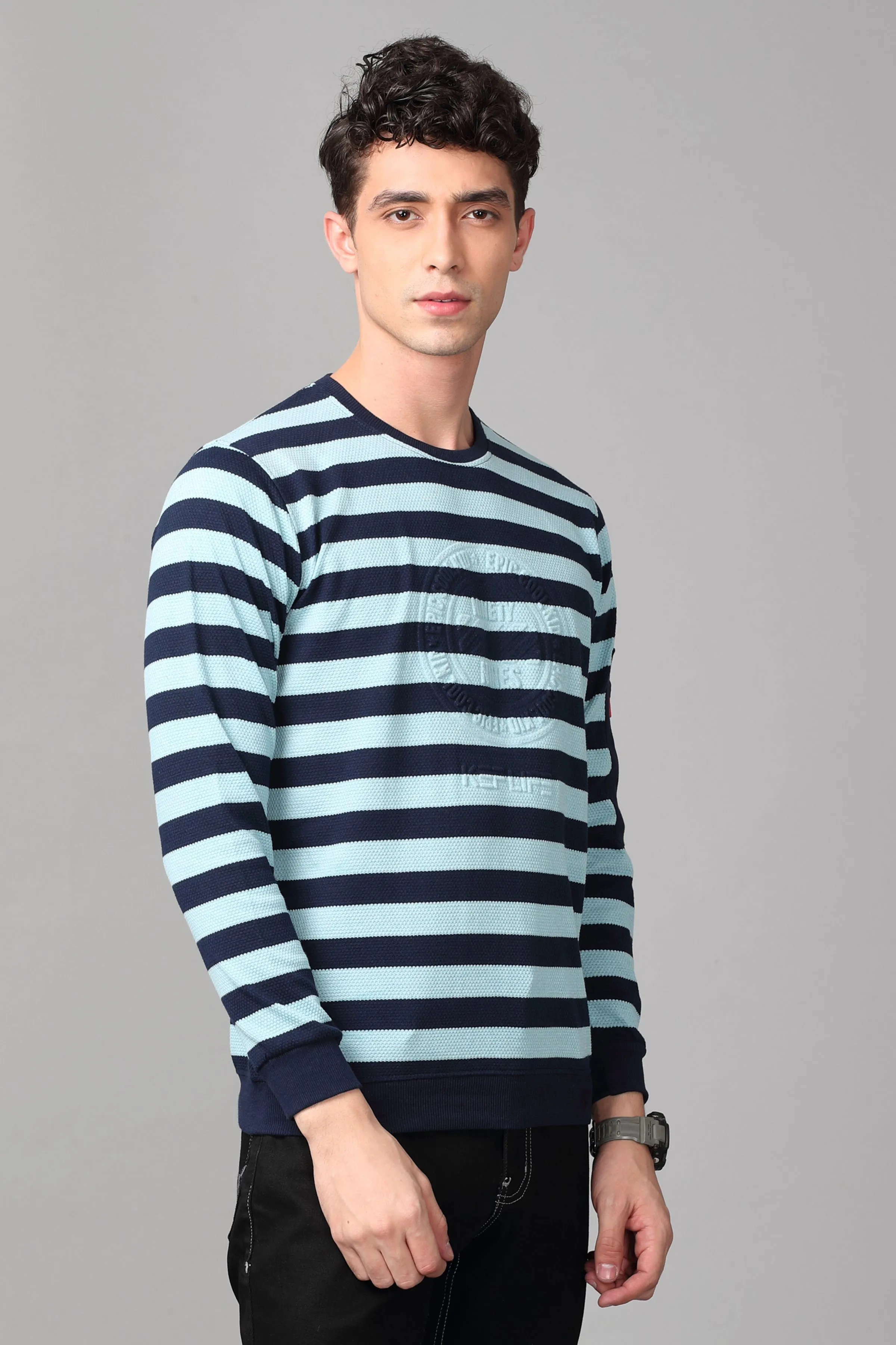 KEF Men's Ocean Blue & Navy Striped Pullover Sweater