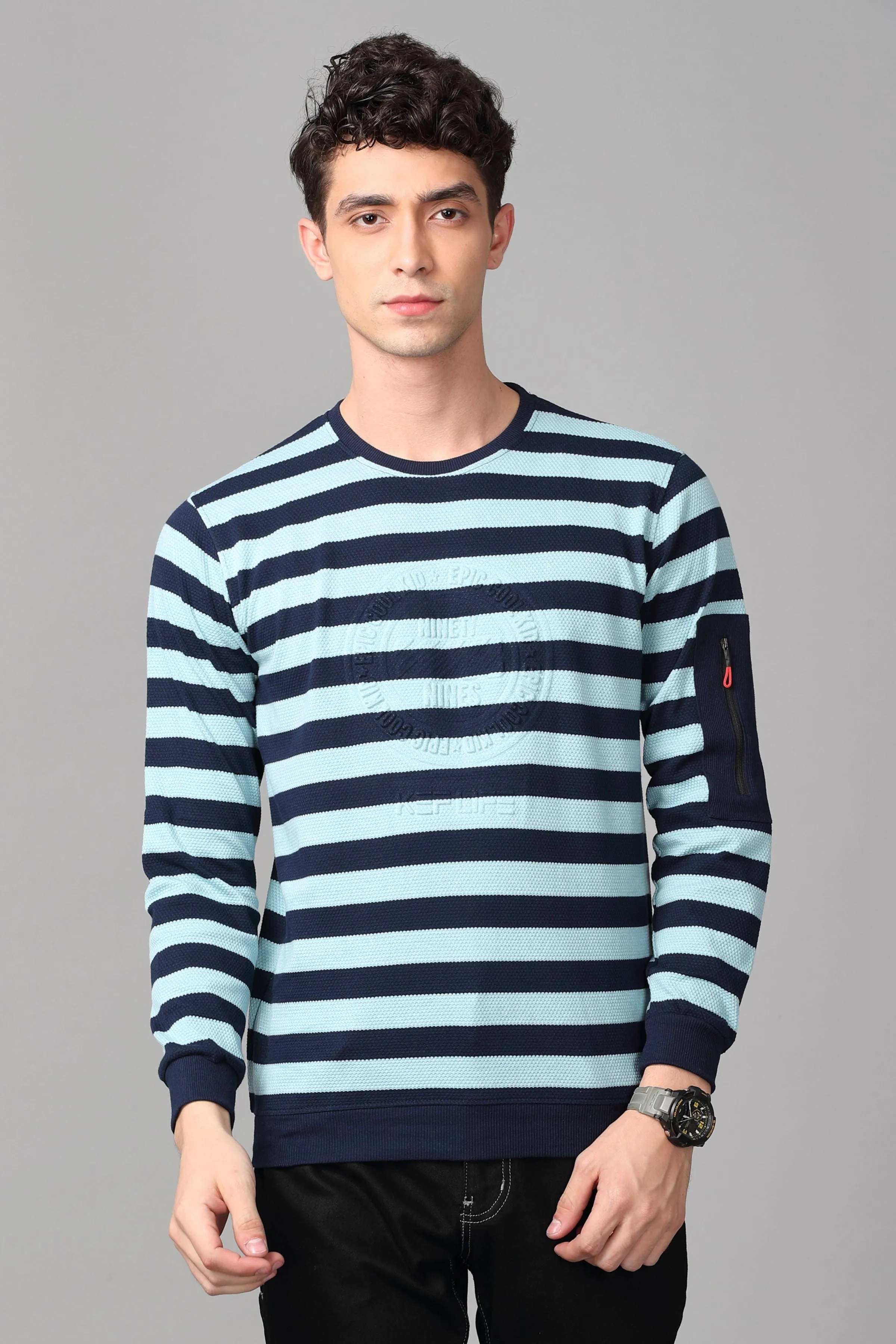 KEF Men's Ocean Blue & Navy Striped Pullover Sweater