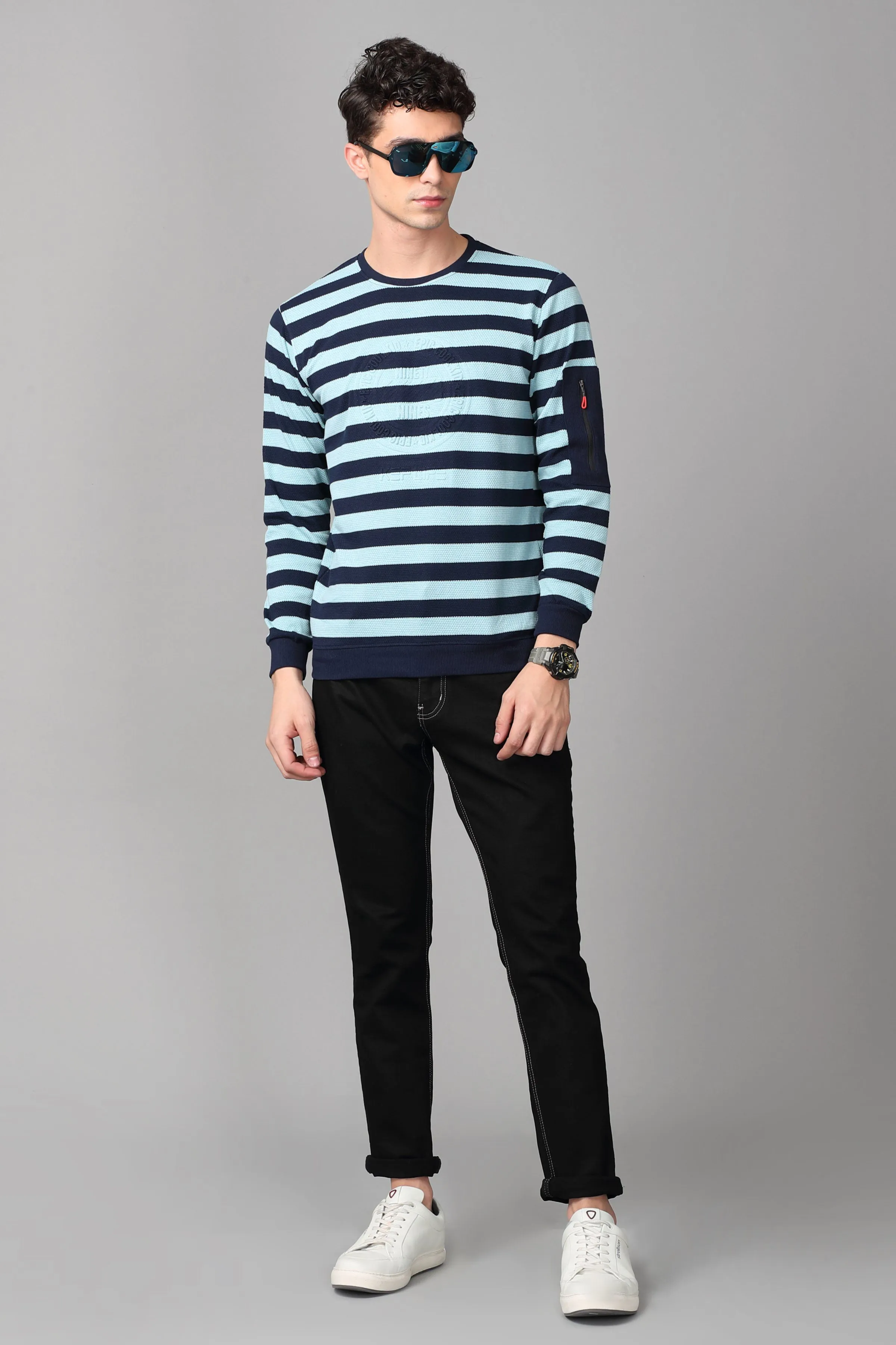 KEF Men's Ocean Blue & Navy Striped Pullover Sweater