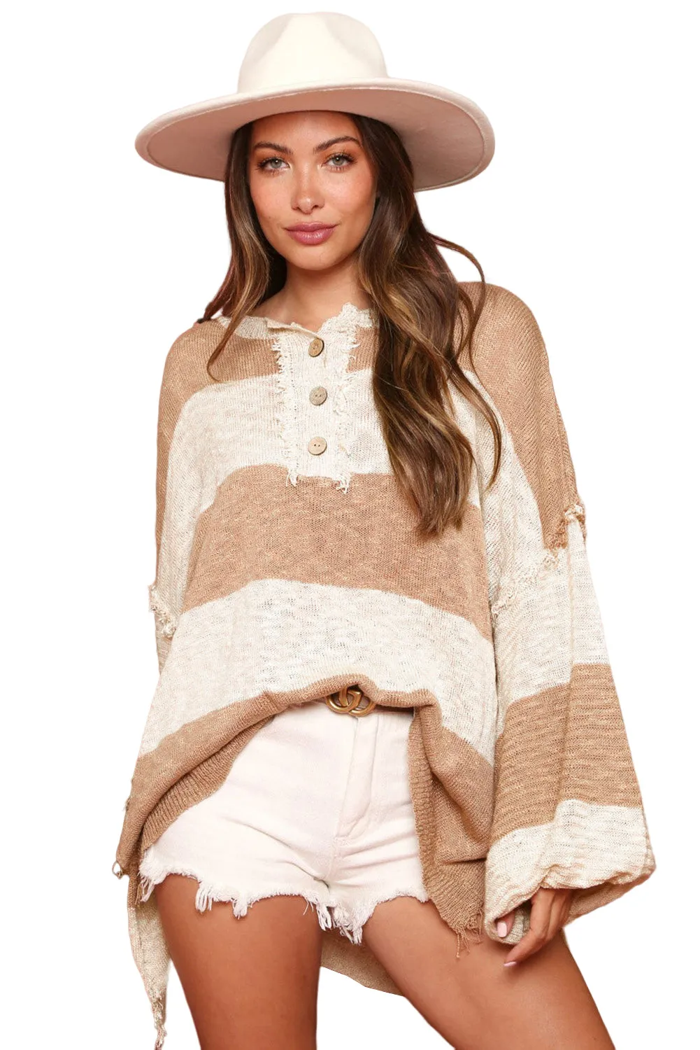 Khaki Striped Print Bishop Sleeve Henley Oversized Sweater