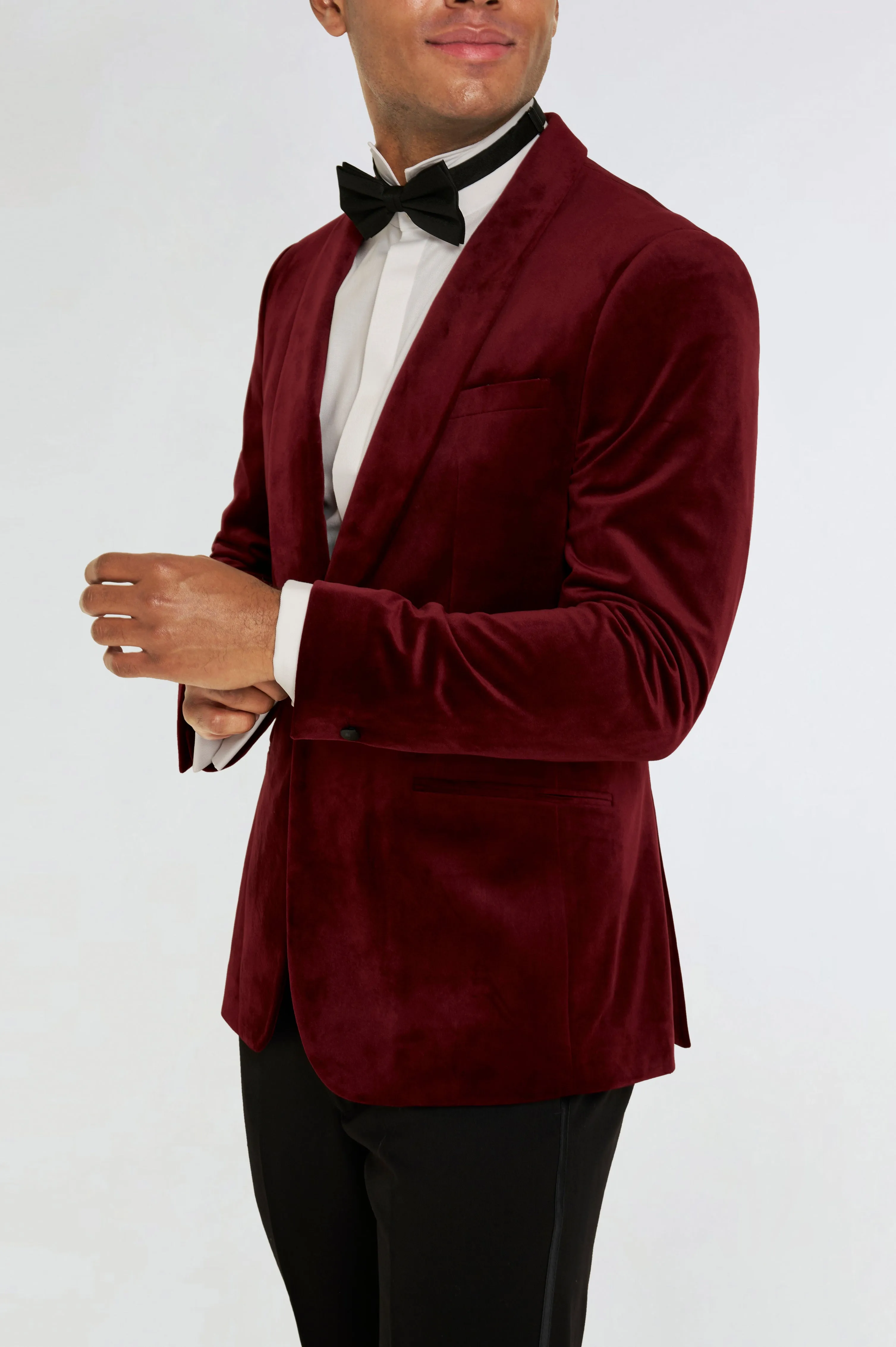 Leo Velvet Tuxedo Dinner Jacket with Shawl Lapel Detail in Burgundy