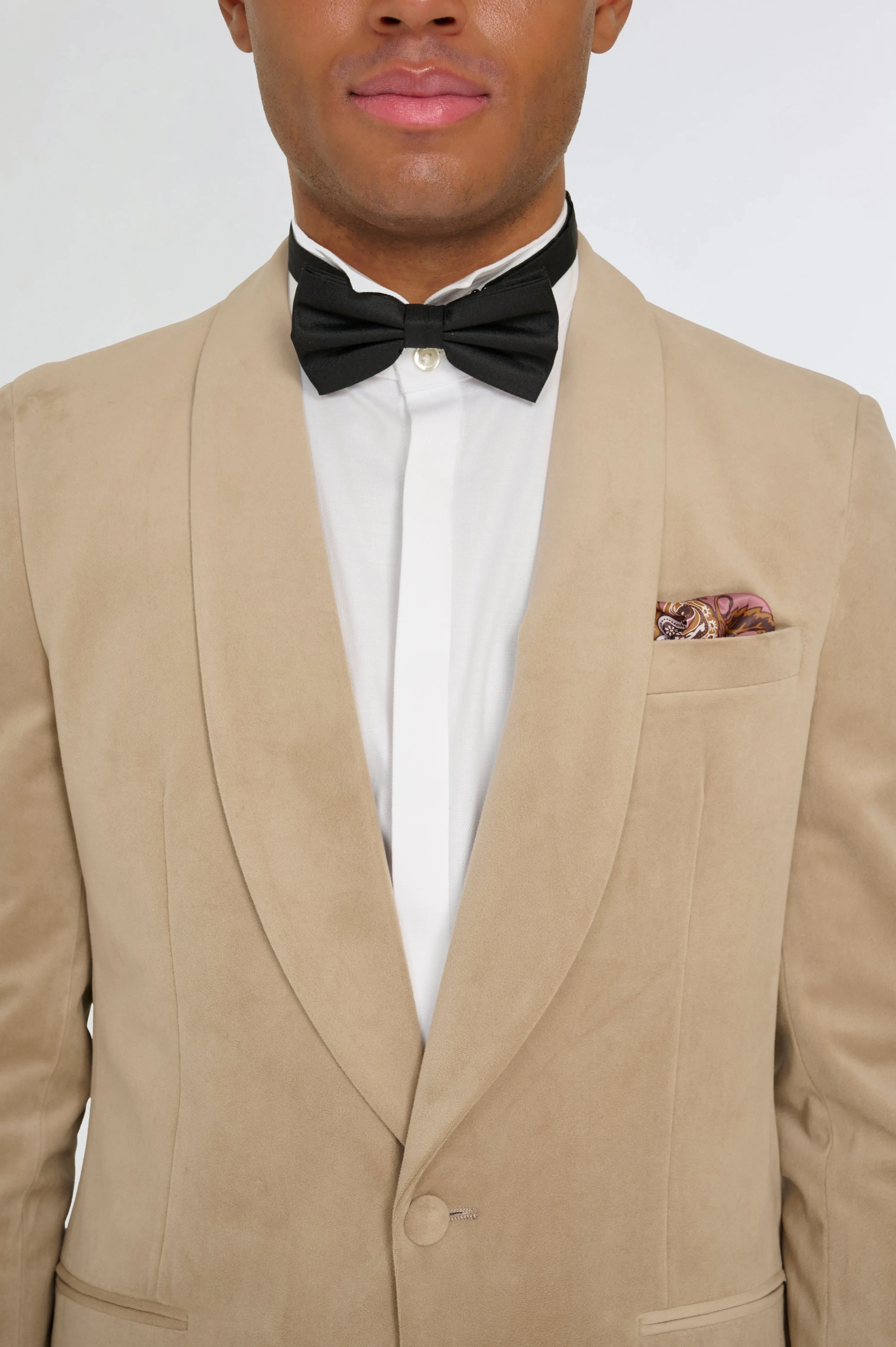 Leo Velvet Tuxedo Dinner Jacket with Shawl Lapel Detail in Taupe