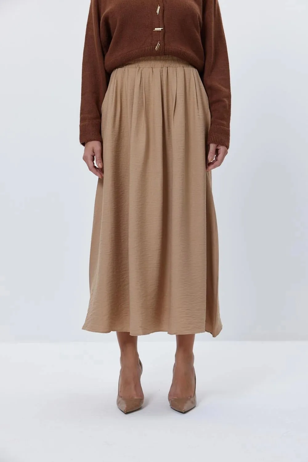 Light Brown Midi Skirt with Elastic Waist