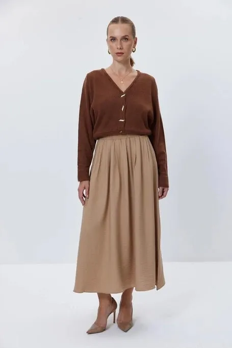 Light Brown Midi Skirt with Elastic Waist