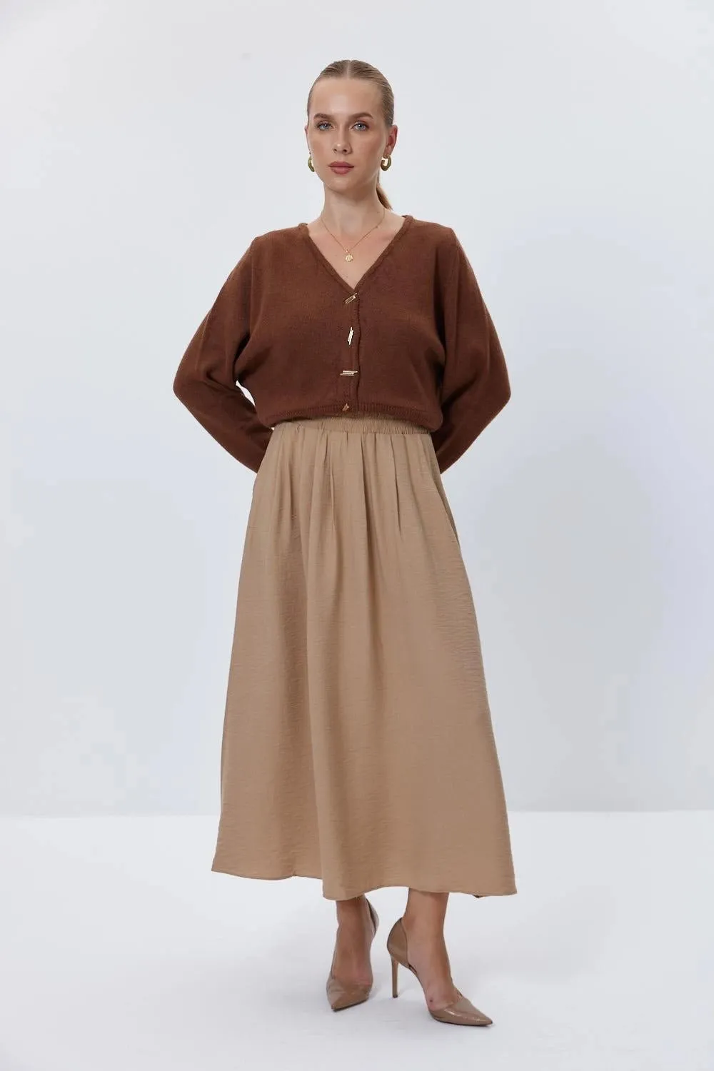 Light Brown Midi Skirt with Elastic Waist