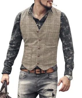 Men's Causual Plaid Tweed V Neck Waistcoat