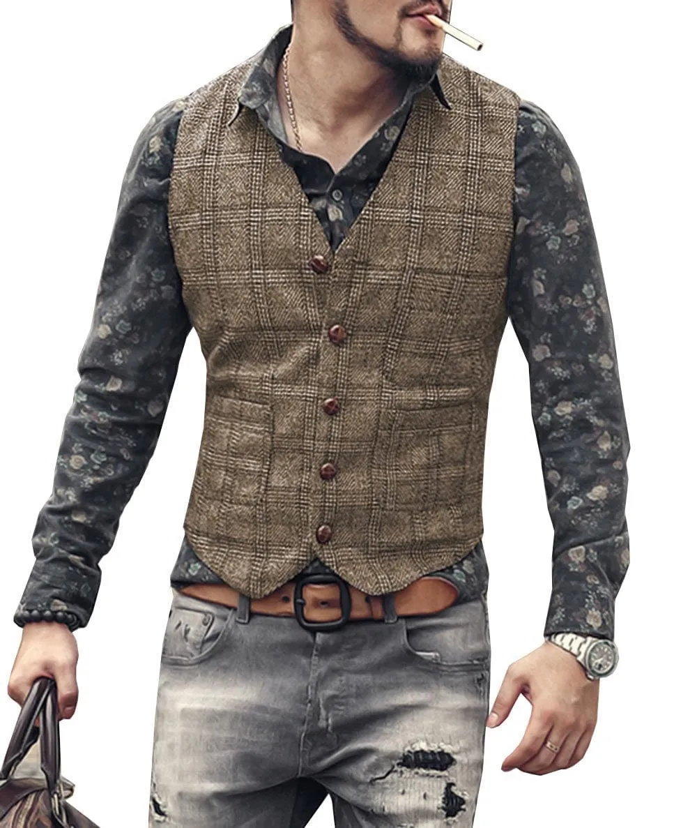 Men's Causual Plaid Tweed V Neck Waistcoat