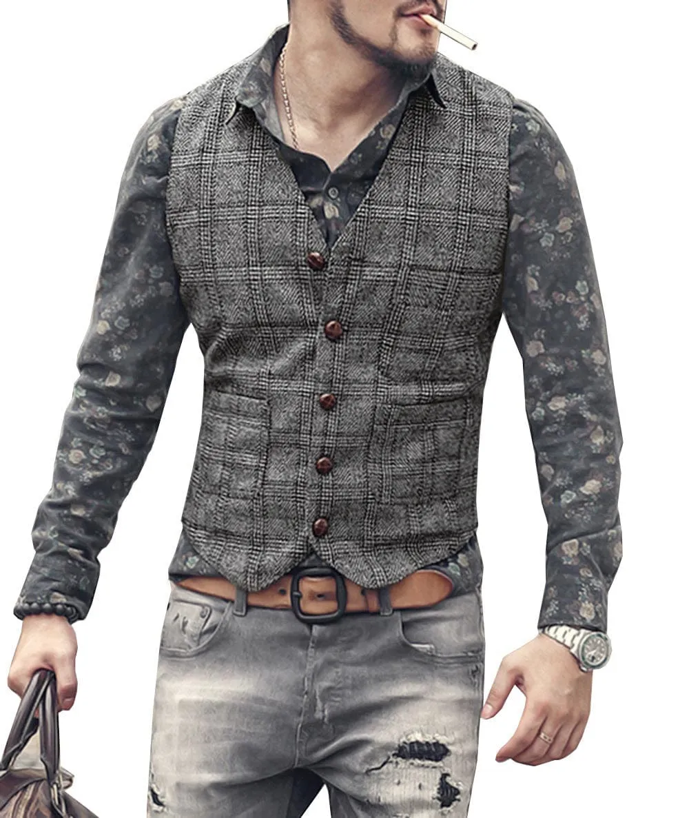 Men's Causual Plaid Tweed V Neck Waistcoat