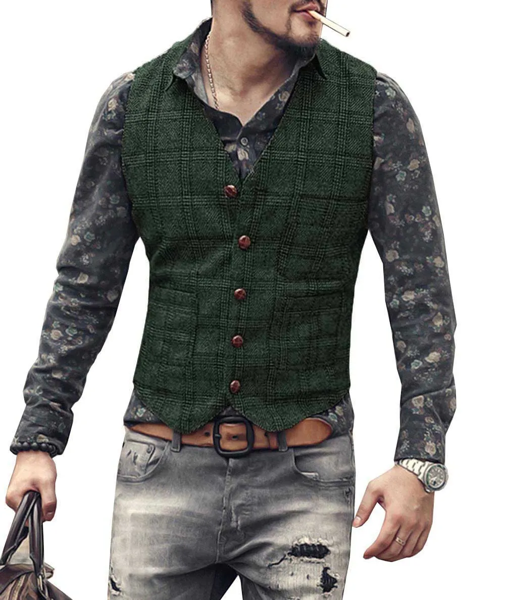 Men's Causual Plaid Tweed V Neck Waistcoat