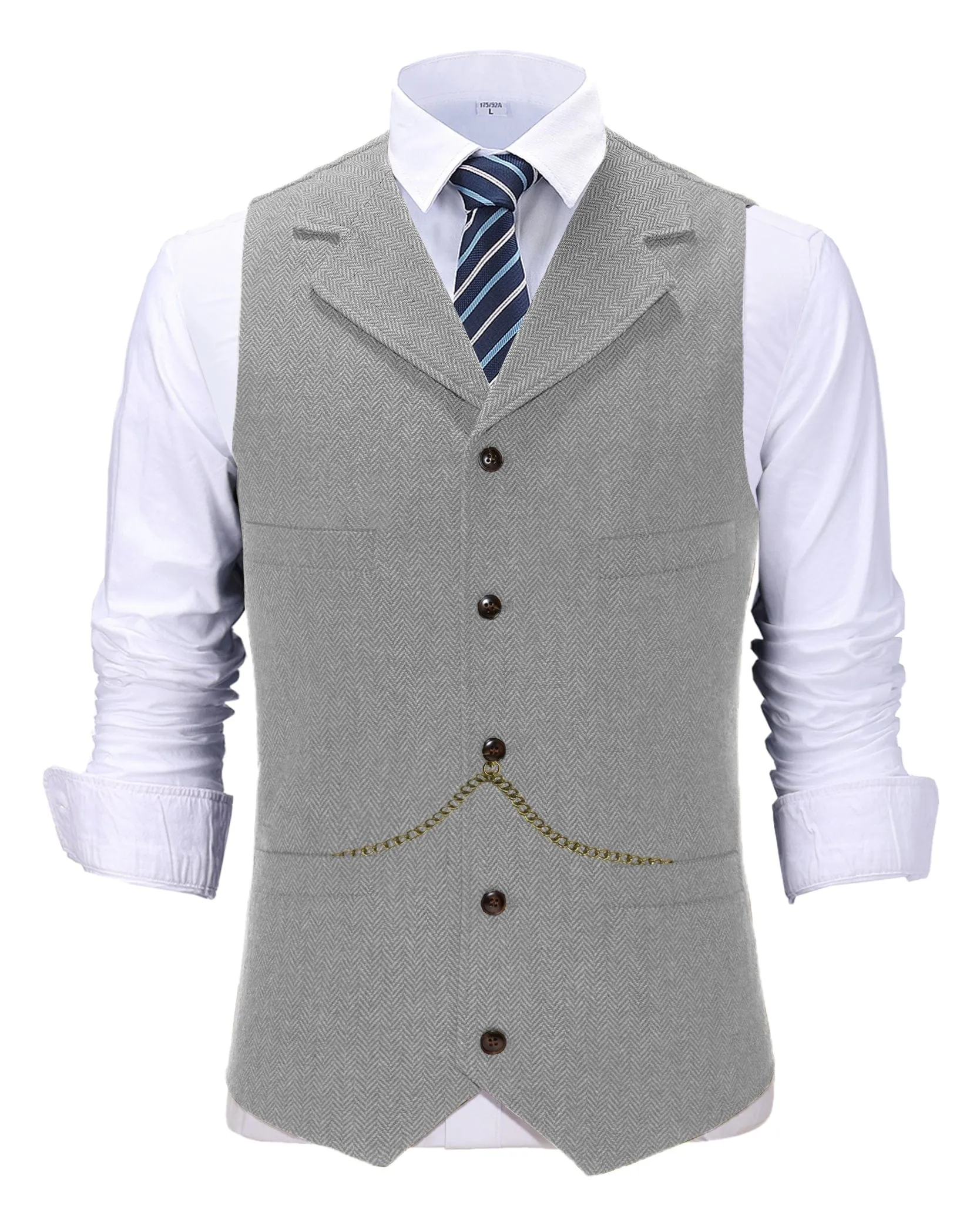 Men's Classic Slim Fit Vest Tweed Herringbone Casual Notch Lapel Waistcoat