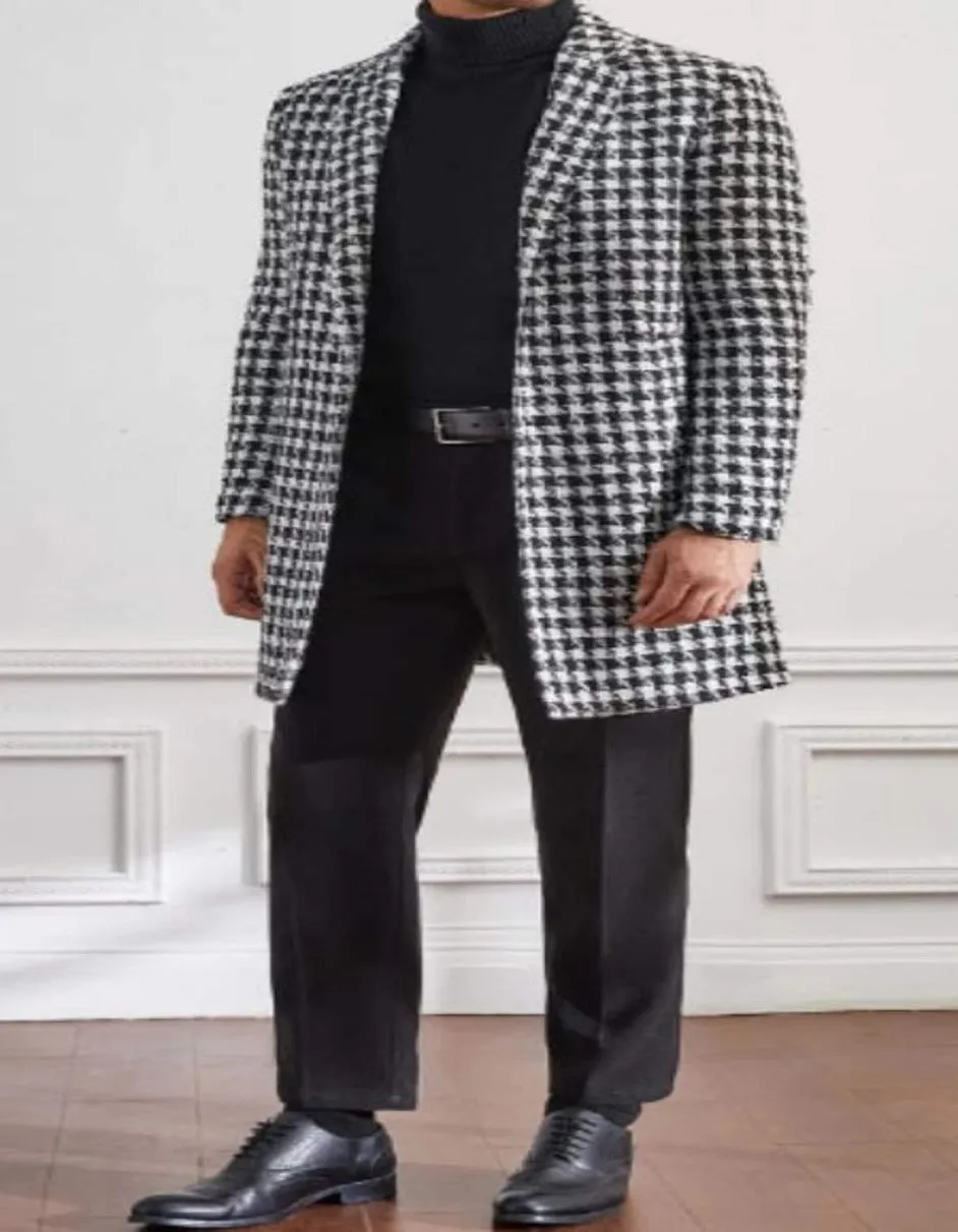 Mens Overcoat - Topcoat For Men - Winter Fabric - Men Houndstooth Lapel Collar Non Stretch Fabric Overcoat