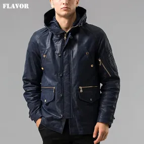 Men's Pigskin Leather Jacket with Detachable Hooded Hat